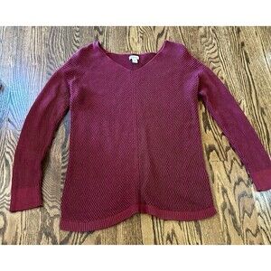 LL Bean Pullover Sweater Womens Sz Small Burgundy Chunky Knit V-Neck Casual EUC‎